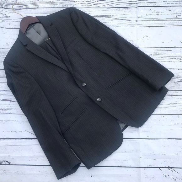 Andrew Fezza charcoal grey pin striped vegan friendly slim fit suit jacket pants